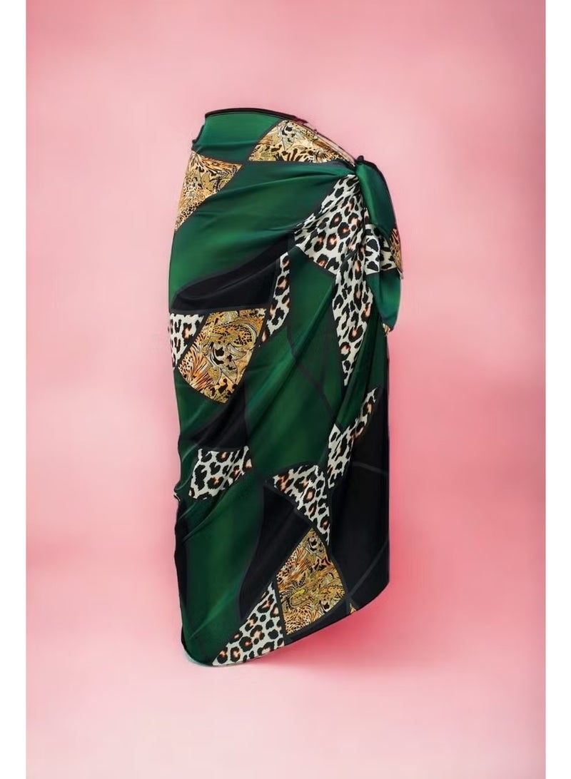 Pistore Green Leopard Patterned Long Pareo Satin Women's Beach Dress New Season - Image 1
